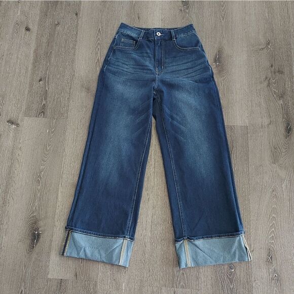 Halara Flex High Waisted Multiple Pockets Rolled Hem Wide Leg Jeans Small Tall - Picture 2 of 9